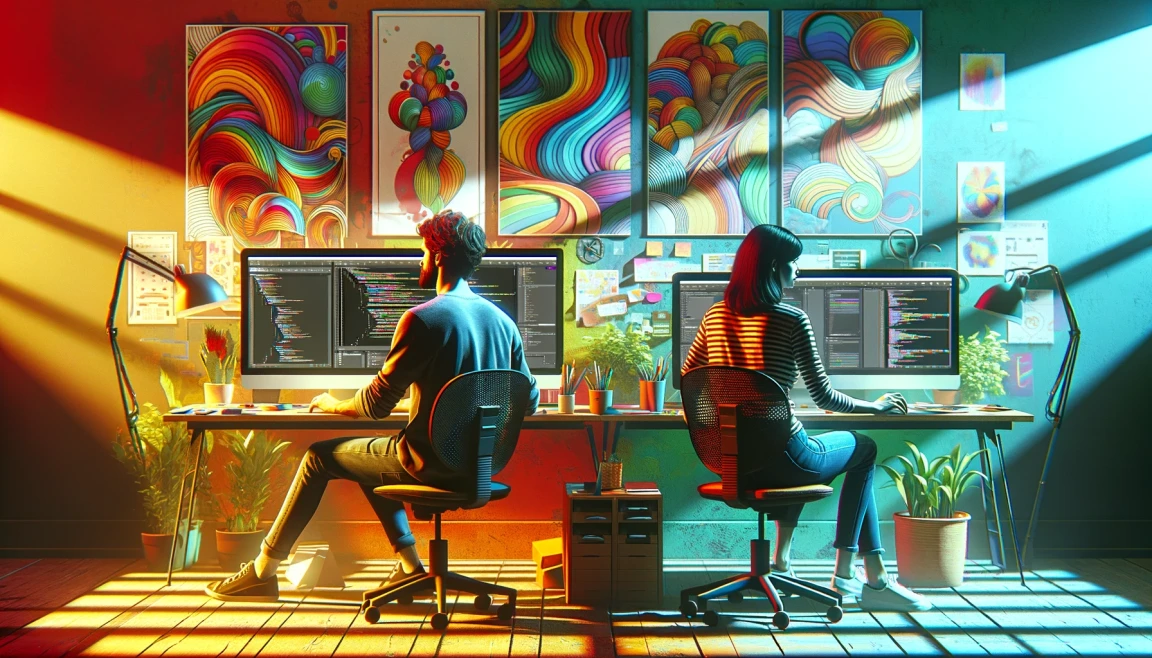 An artful and colorful scene of a man and a woman working at their computers, focused on design and programming tasks. They are seated back-to-back.
